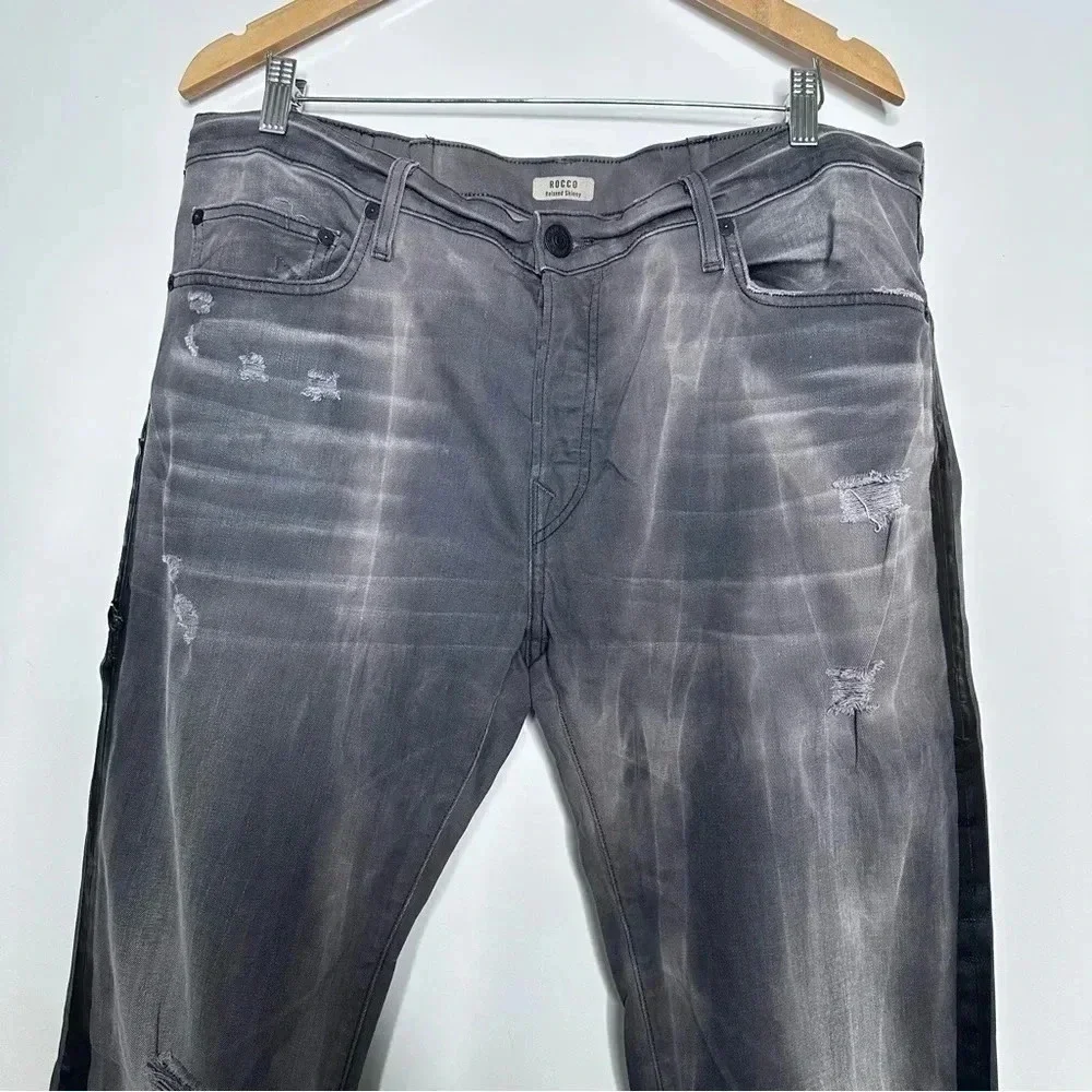 True Religion Mens Gray Rocco Relaxed Skinny Light Distressed Side Stripe Jeans
